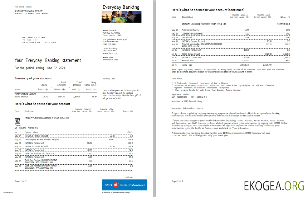 Canada BMO banque relevé bancaire quotidien scr